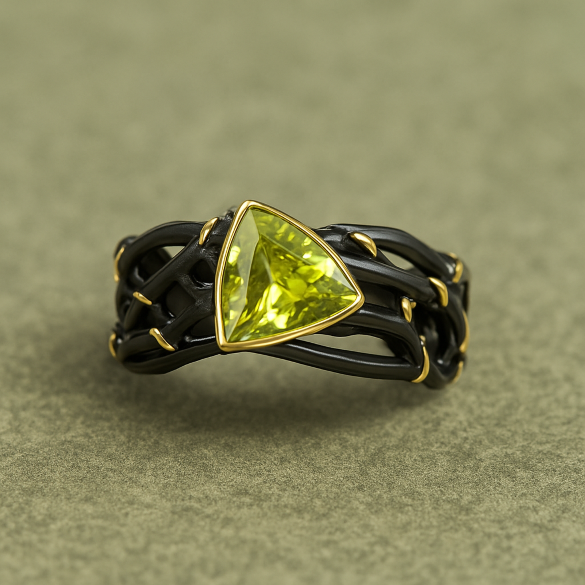 Gevlochten Zwartgouden Ring Met Groene Edelsteen