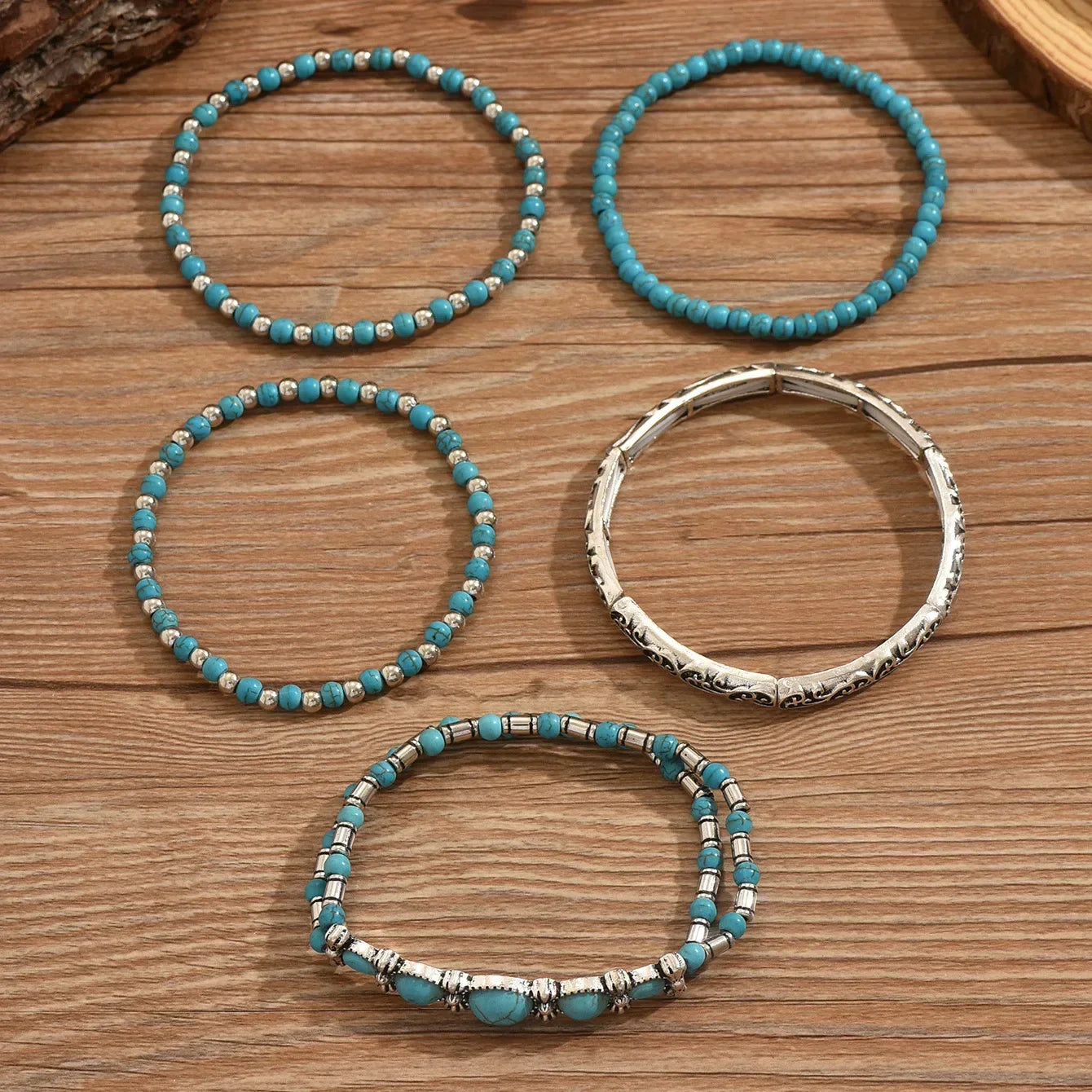 Set of Bohemian Turquoise Beaded Bracelets
