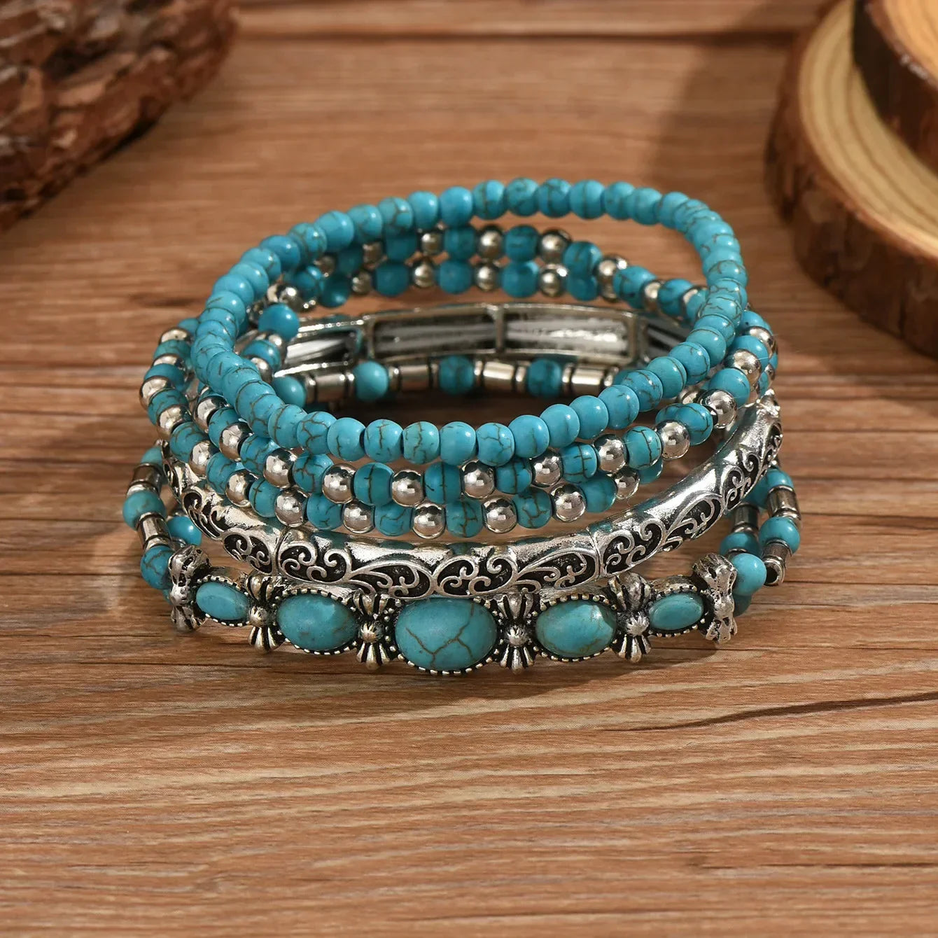 Set of Bohemian Turquoise Beaded Bracelets