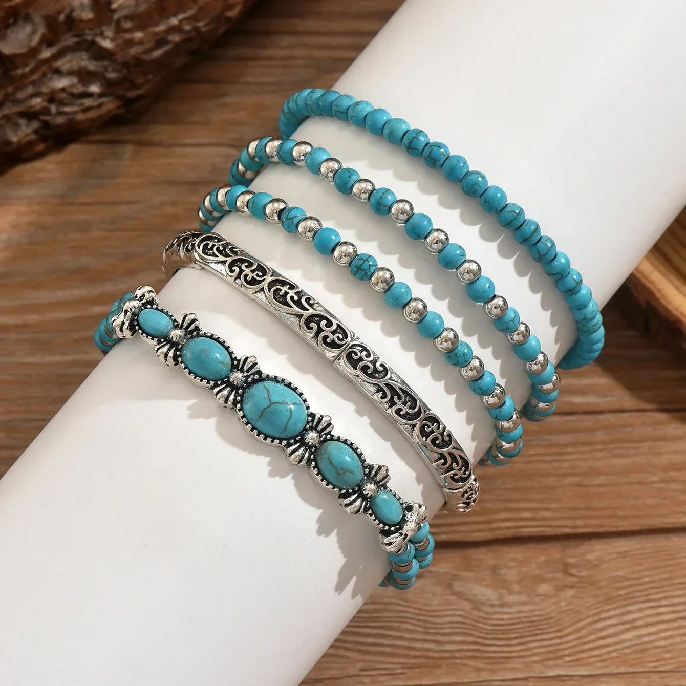 Set of Bohemian Turquoise Beaded Bracelets