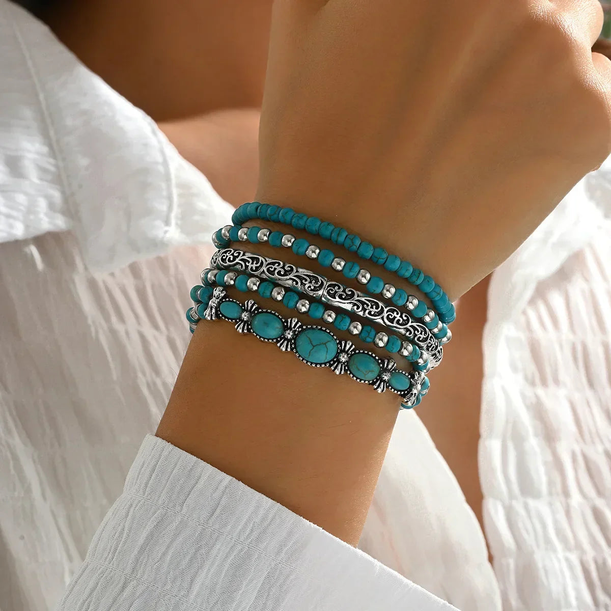 Set of Bohemian Turquoise Beaded Bracelets