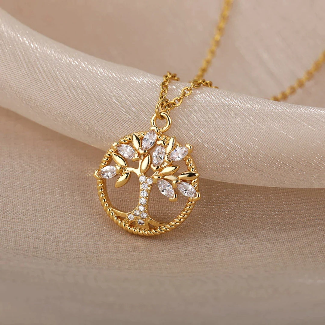 Gold tree of life pendant necklace with crystal
