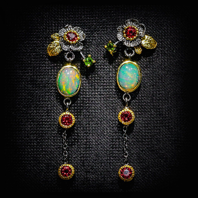 Bohemian earrings with opal and red zircon