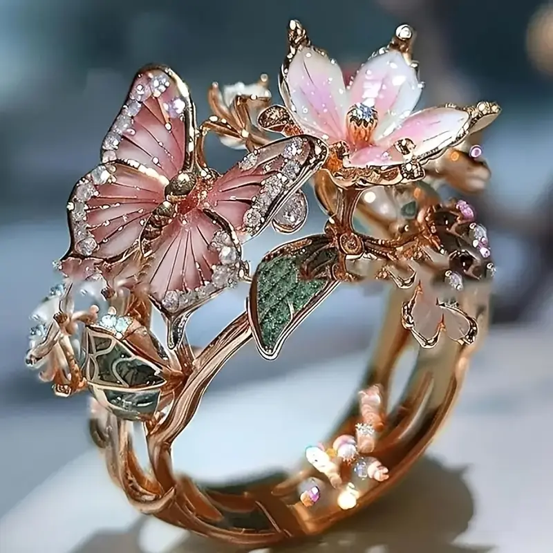Natural-inspired luminous butterfly ring with zircon
