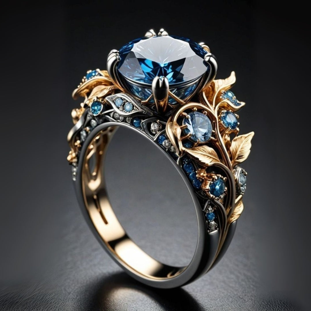 Exotic flower ring with blue crystal