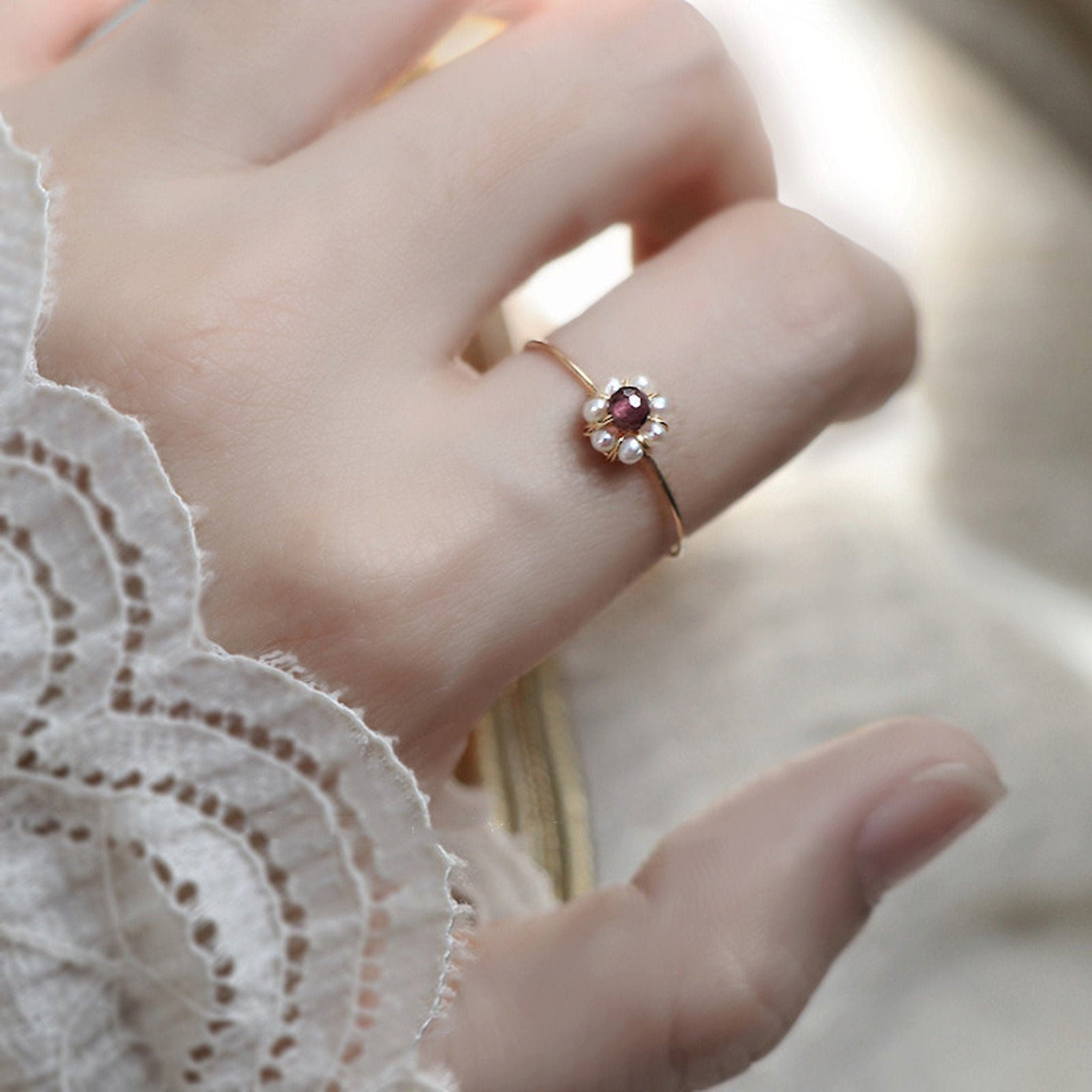 Red Crystal Ring with Vintage Pearls
