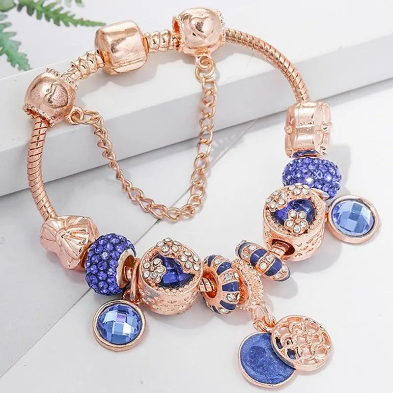 Rose gold plated silver bracelet with blue crystal