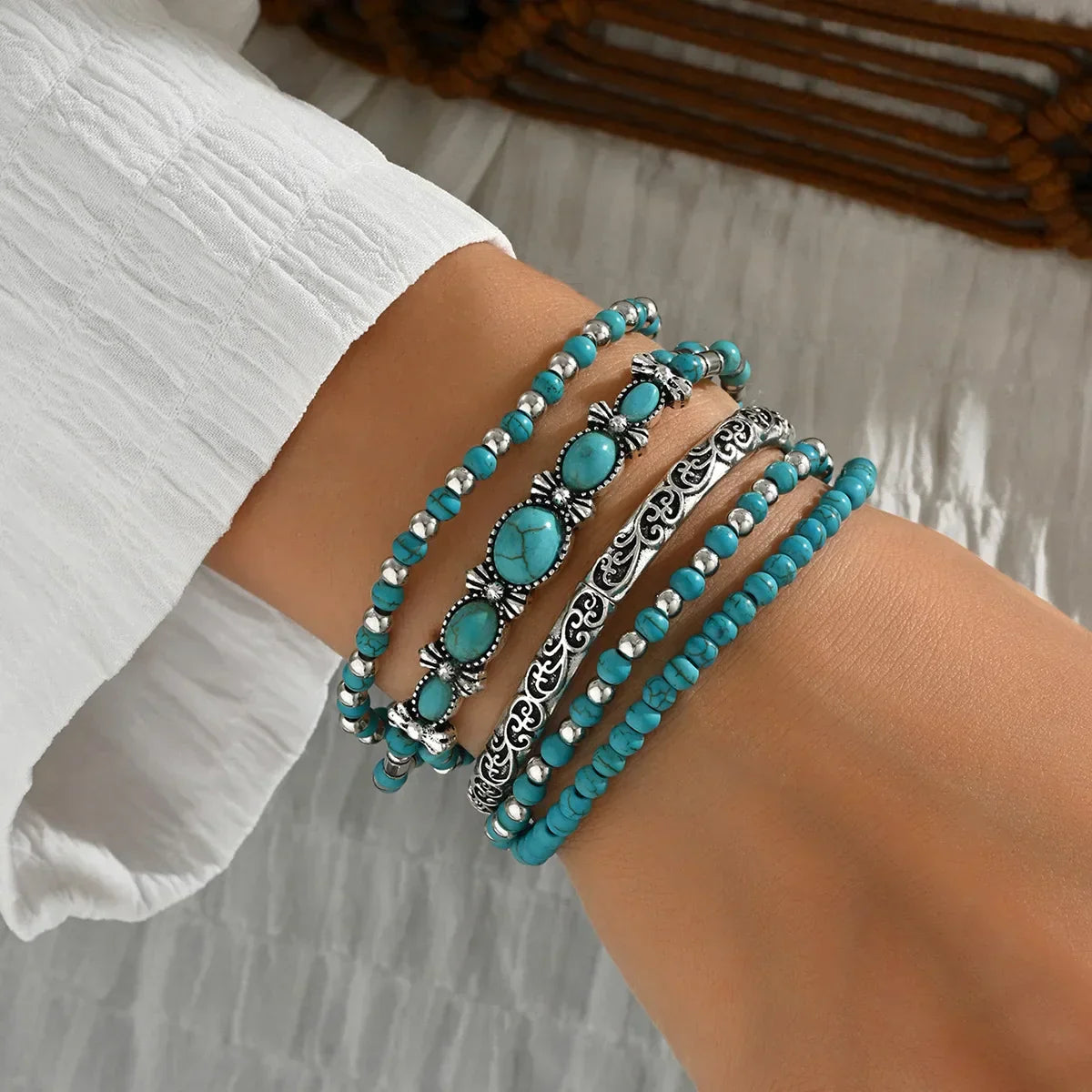 Set of Bohemian Turquoise Beaded Bracelets