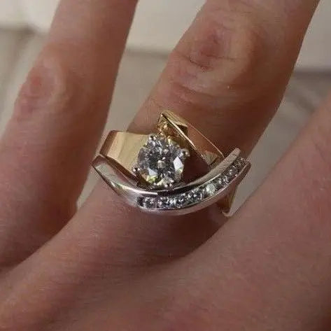 Irregular antique-inspired gold and silver ring with zircon